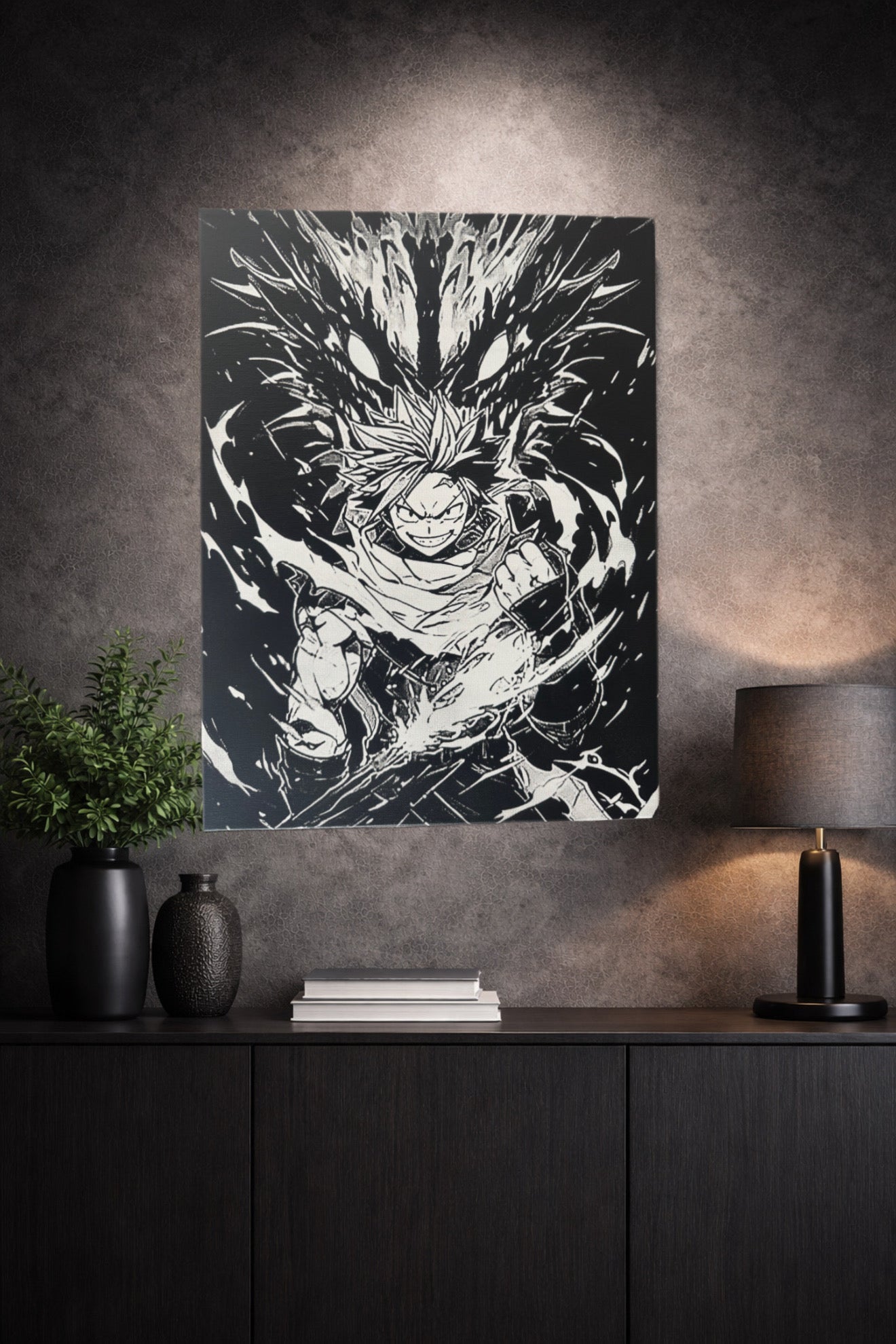 Tableau guerrier de feu en puissance avec créature d’énergie sombre noir et blanc décoration murale 30x40 cm - DesignRomArt