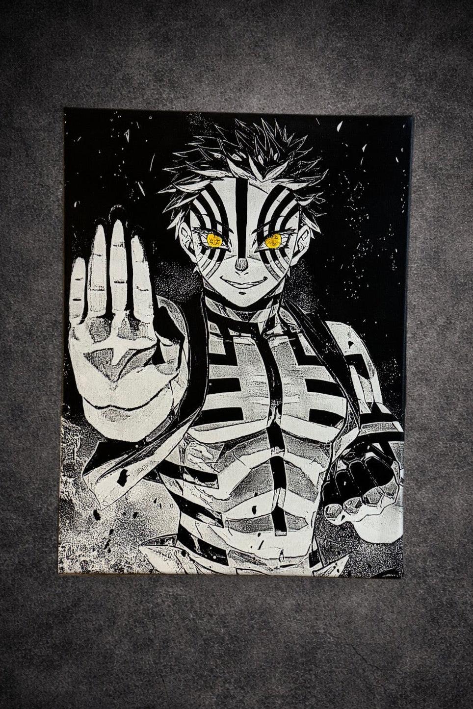 Tableau guerrier démoniaque regard lumineux énergie de combat fantasy sombre noir et blanc décoration murale 30x40 cm - DesignRomArt