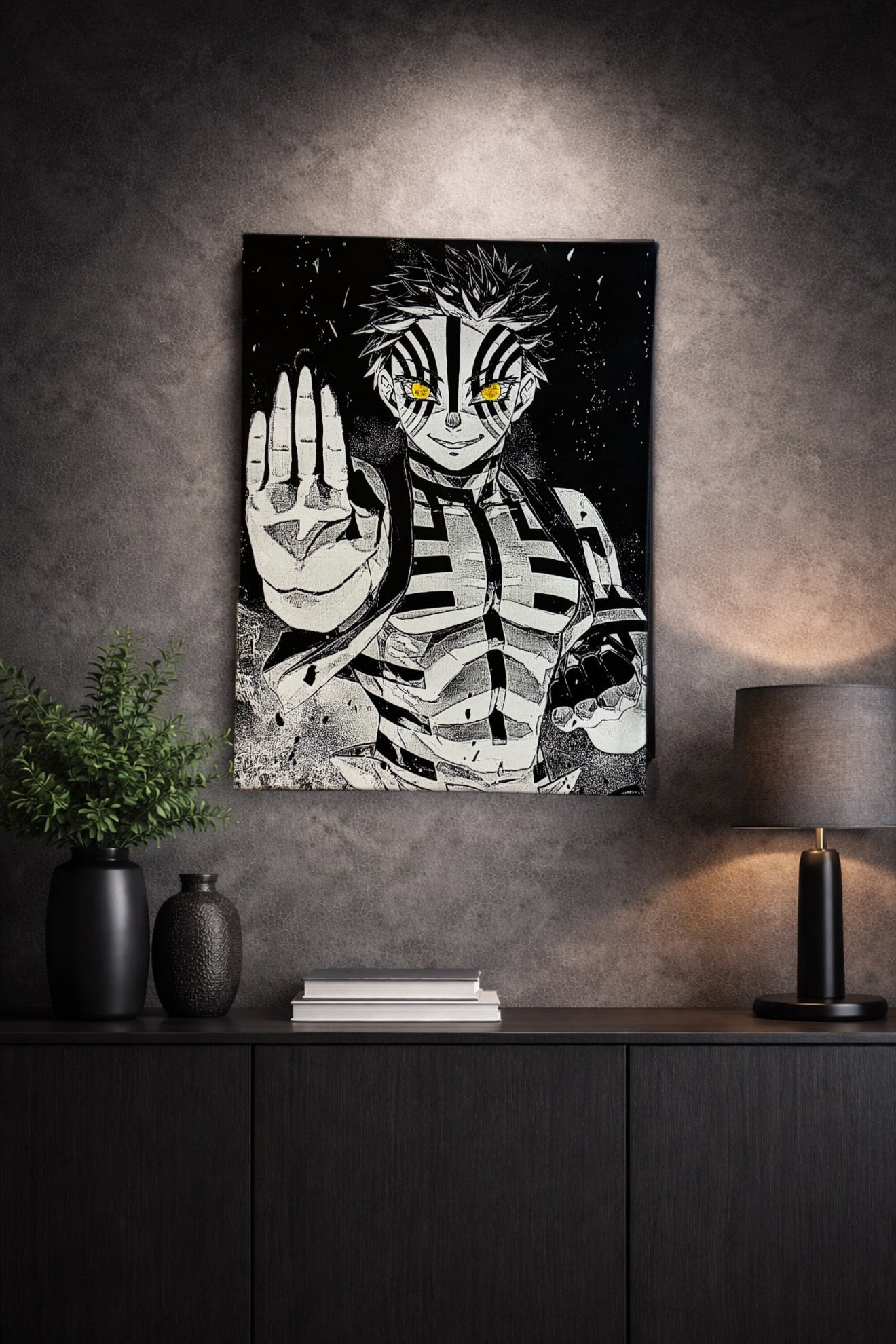 Tableau guerrier démoniaque regard lumineux énergie de combat fantasy sombre noir et blanc décoration murale 30x40 cm - DesignRomArt