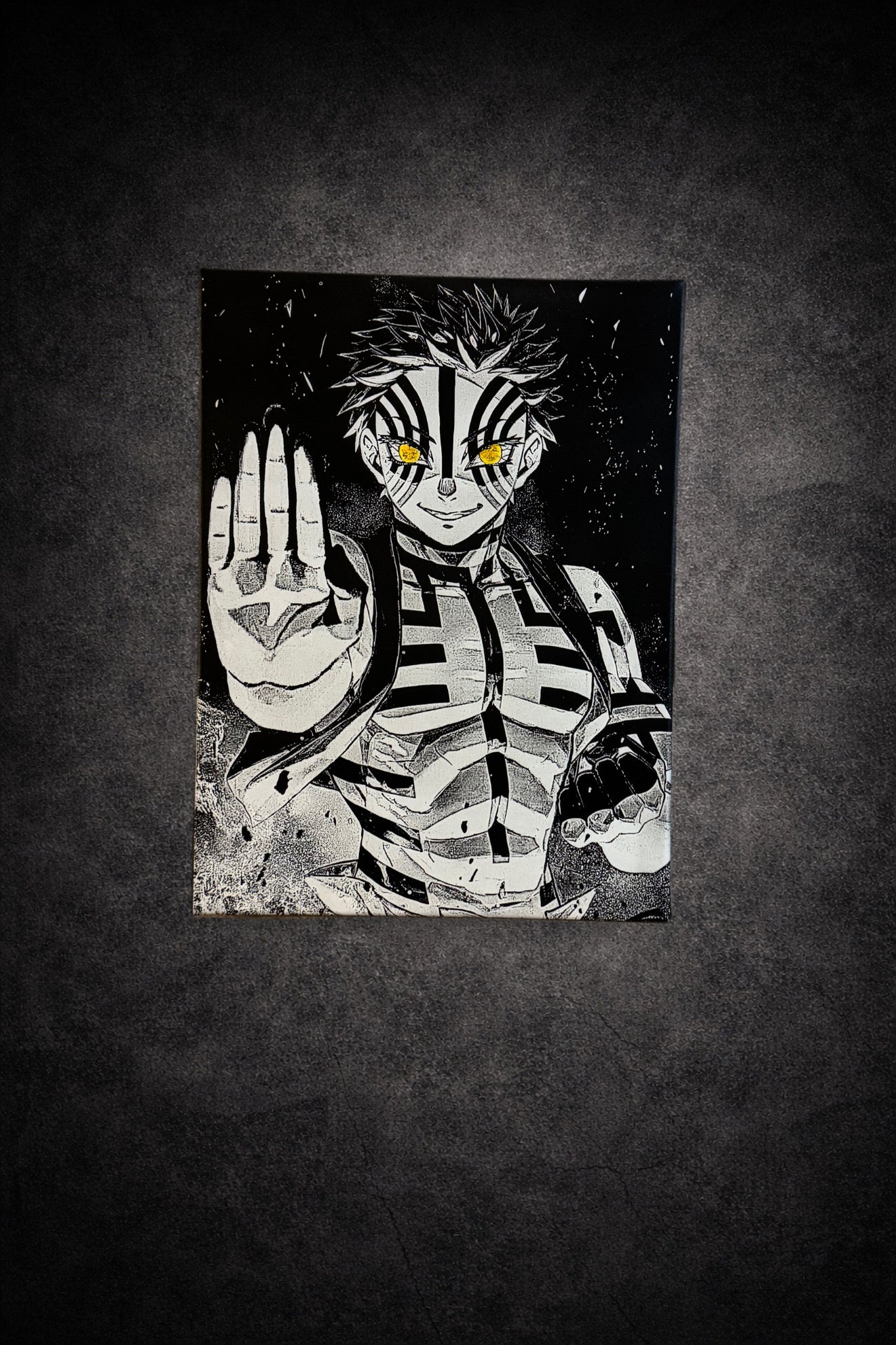 Tableau guerrier démoniaque regard lumineux noir et blanc