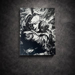 Tableau manga noir et blanc représentant un guerrier du futur à l’attitude stratégique, art mural intense sur toile 30x40 cm