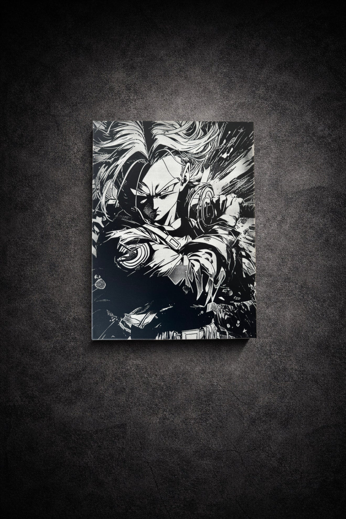 Tableau manga noir et blanc représentant un guerrier du futur à l’attitude stratégique, art mural intense sur toile 30x40 cm