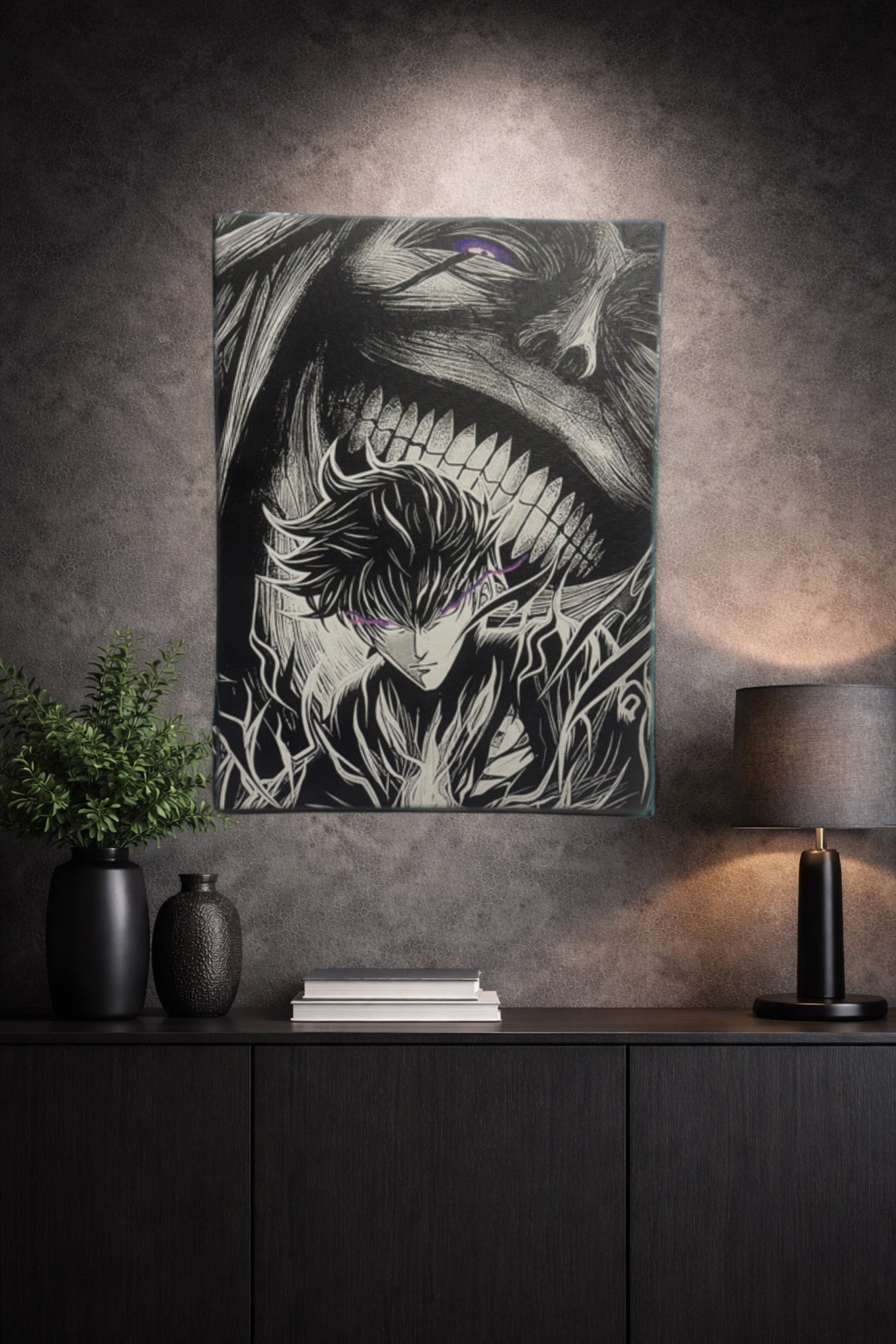 Tableau guerrier en éveil face à ombre monstrueuse épique décoration murale 30x40 cm - DesignRomArt