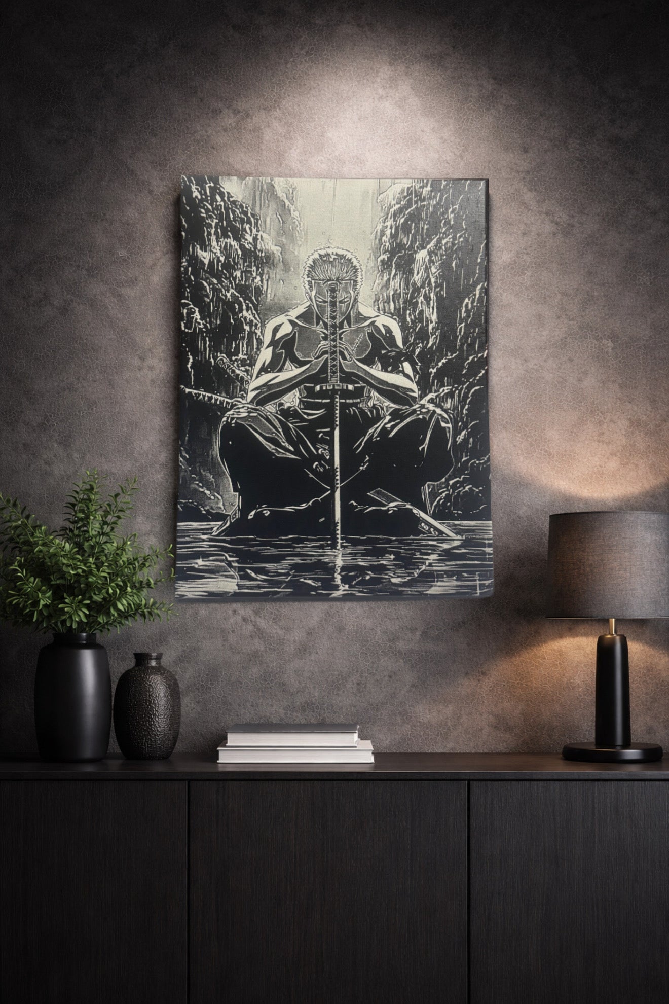 Tableau guerrier en méditation tenant son sabre noir et blanc ambiance zen épique décoration murale 30x40 cm - DesignRomArt