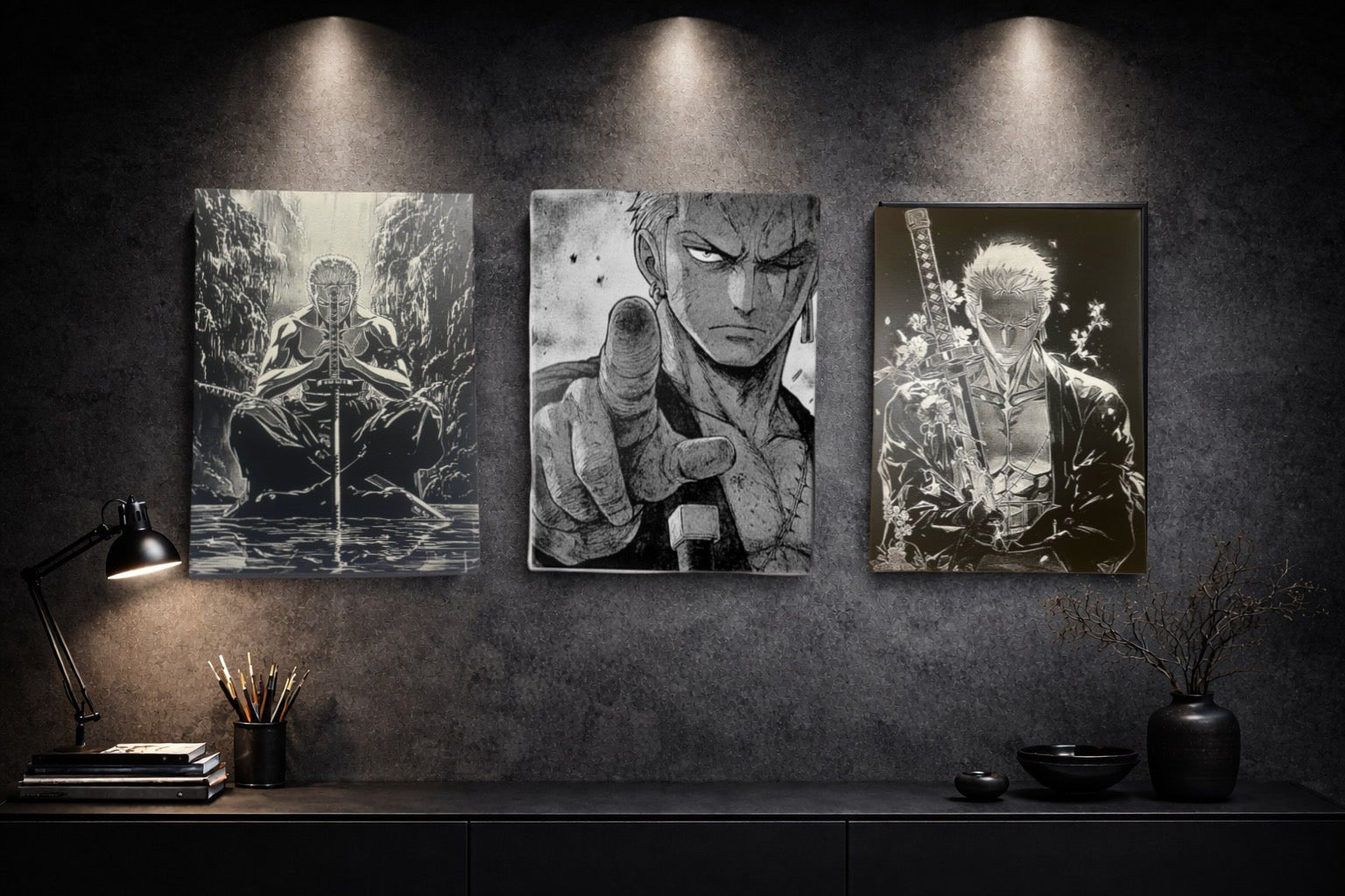 Tableau guerrier en méditation tenant son sabre noir et blanc ambiance zen épique décoration murale 30x40 cm - DesignRomArt