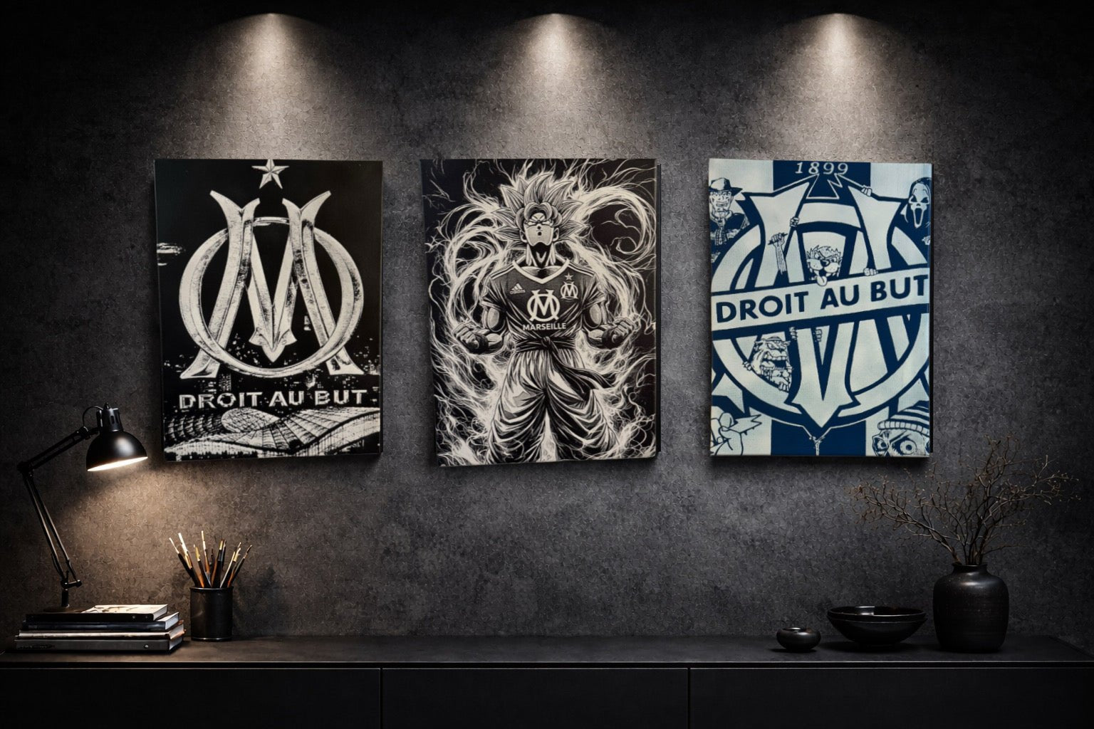 Tableau guerrier énergie aura maillot club marseillais style manga décoration murale noir et blanc 30x40 cm - DesignRomArt