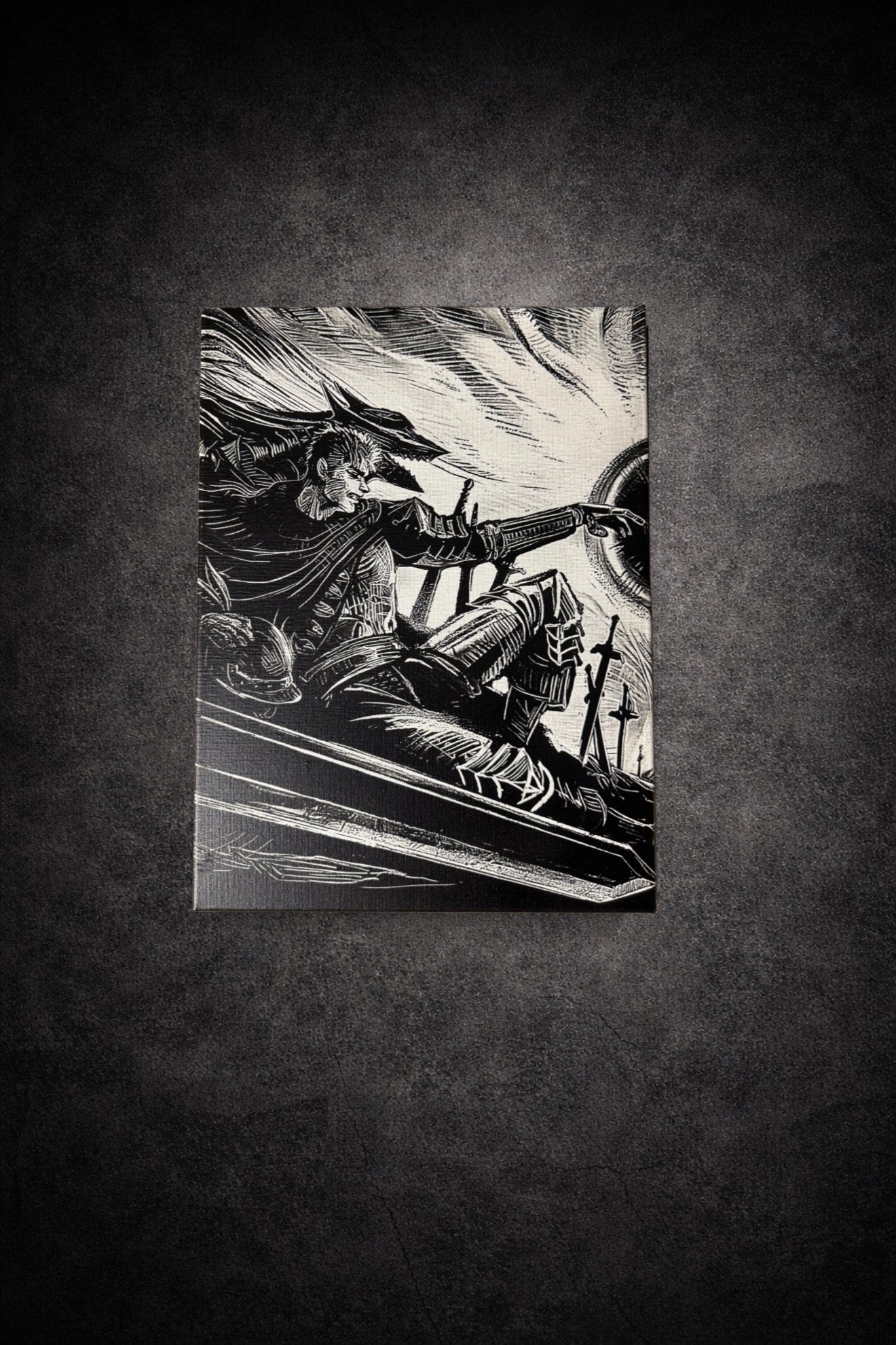 Tableau noir et blanc guerrier épique en décoration murale moderne