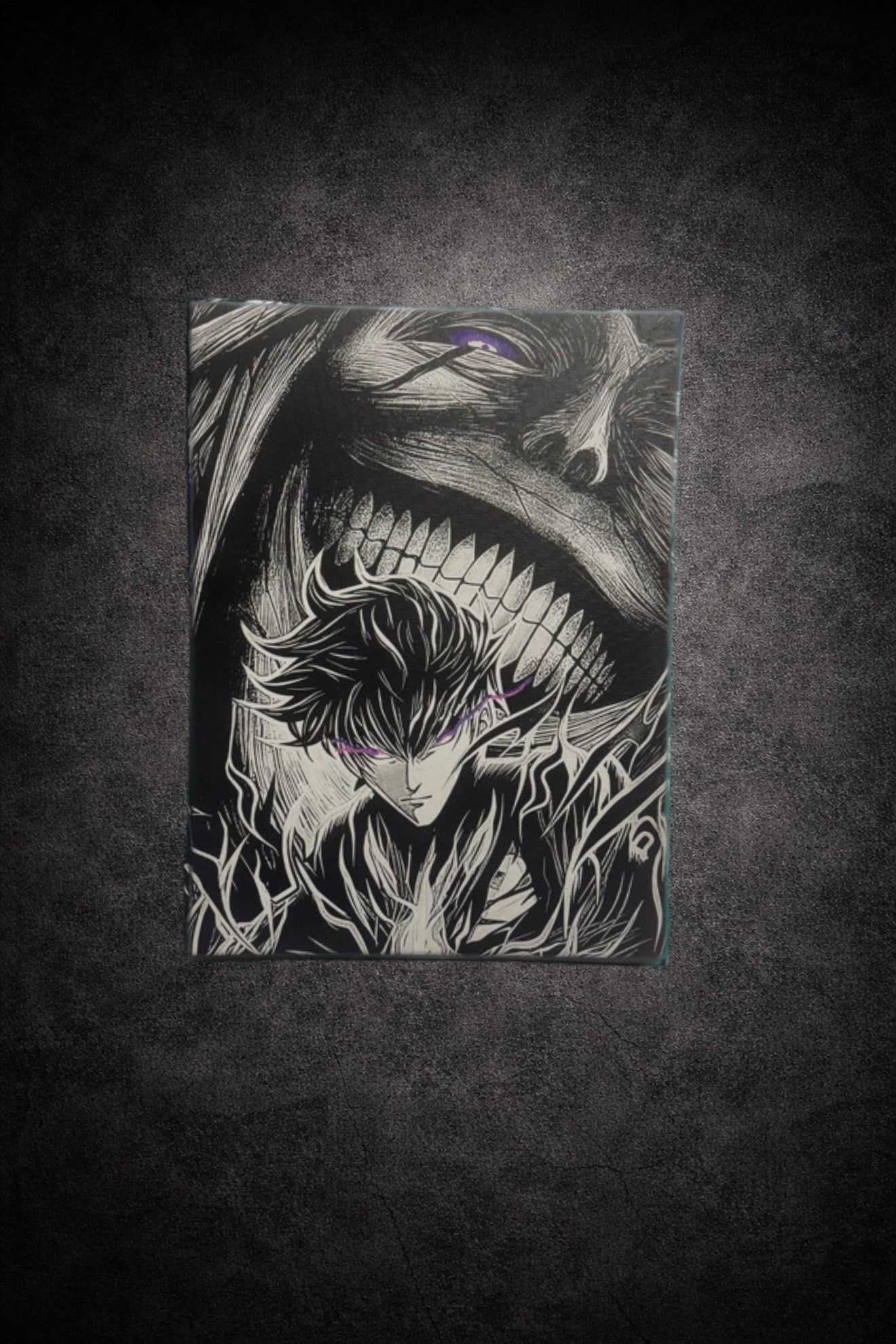 Tableau noir et blanc guerrier en éveil face à ombre monstrueuse