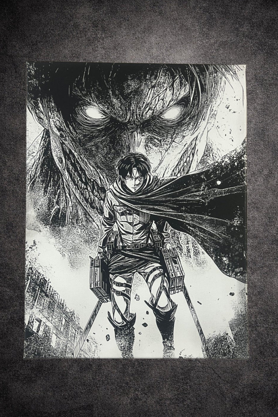 Tableau guerrier face à monstruosité épique décoration murale noir et blanc 30x40 cm - DesignRomArt