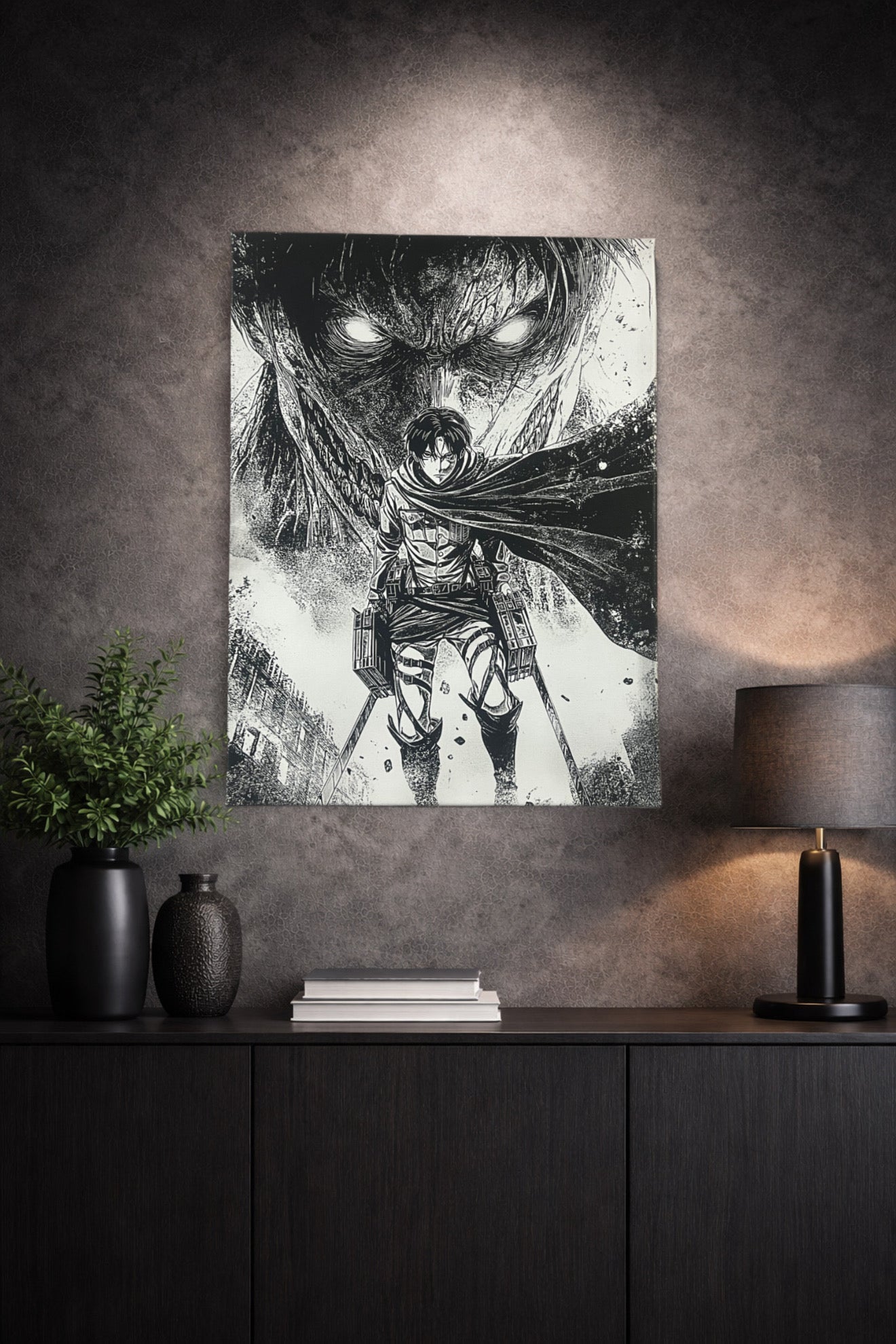 Tableau guerrier face à monstruosité épique décoration murale noir et blanc 30x40 cm - DesignRomArt