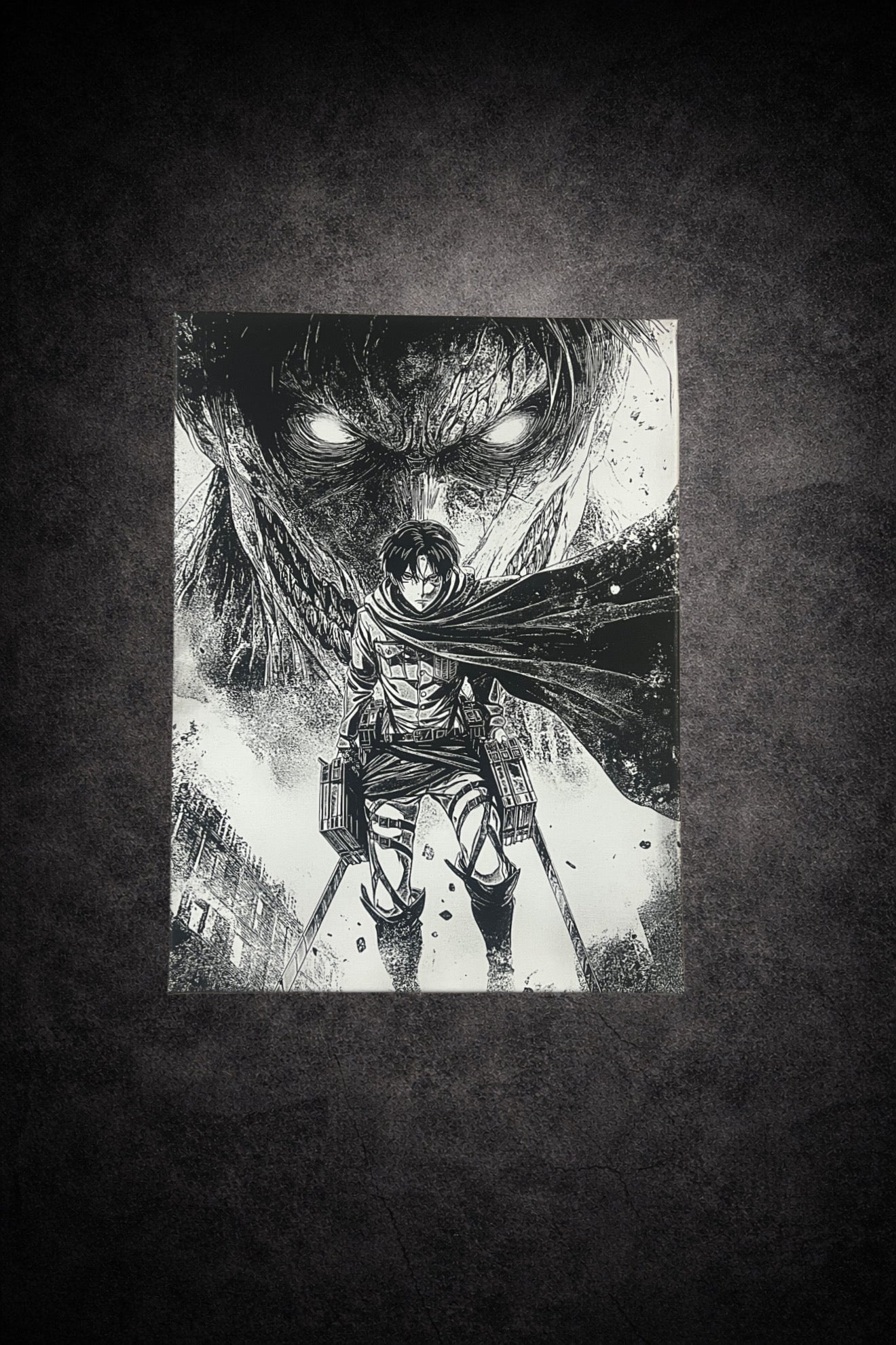 Tableau noir et blanc guerrier face à monstruosité épique