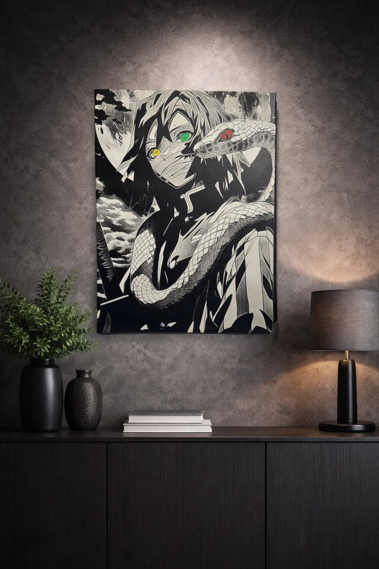 Tableau guerrier mystérieux et serpent protecteur esprit sombre fantasy noir et blanc décoration murale 30x40 cm - DesignRomArt