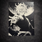 Tableau guerrier mystique sous la lune style manga noir et blanc décoration murale 30x40 cm - DesignRomArt