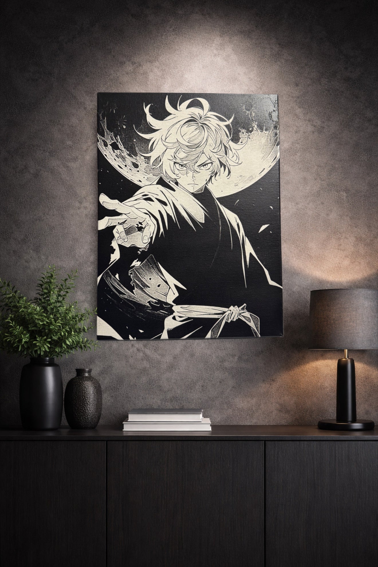 Tableau guerrier mystique sous la lune style manga noir et blanc décoration murale 30x40 cm - DesignRomArt