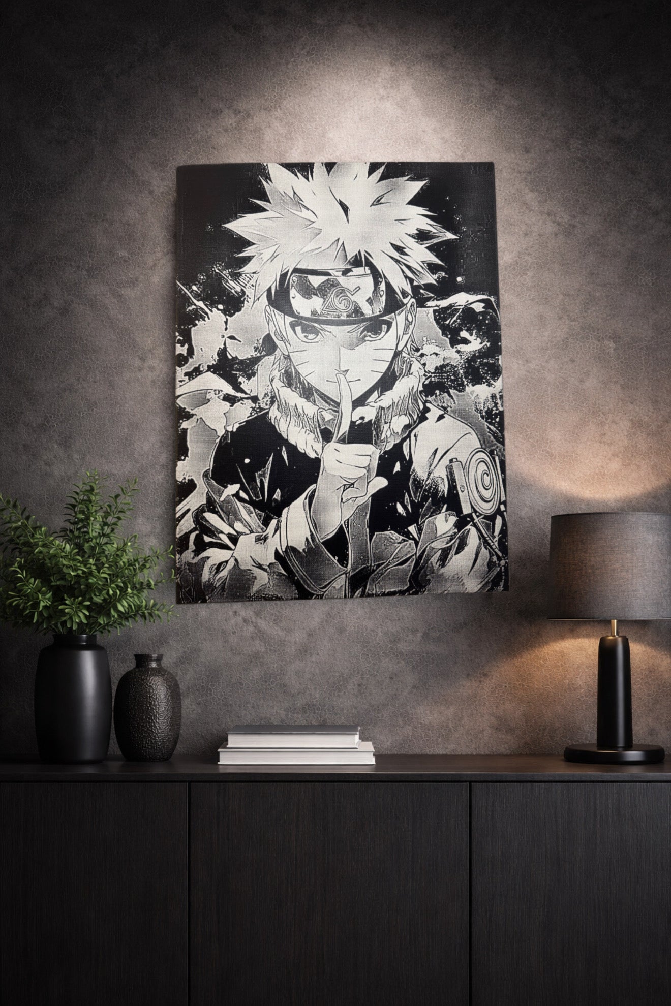Tableau guerrier ninja concentré en posture d’énergie mystique – style épique noir et blanc – décoration murale 30x40 cm - DesignRomArt