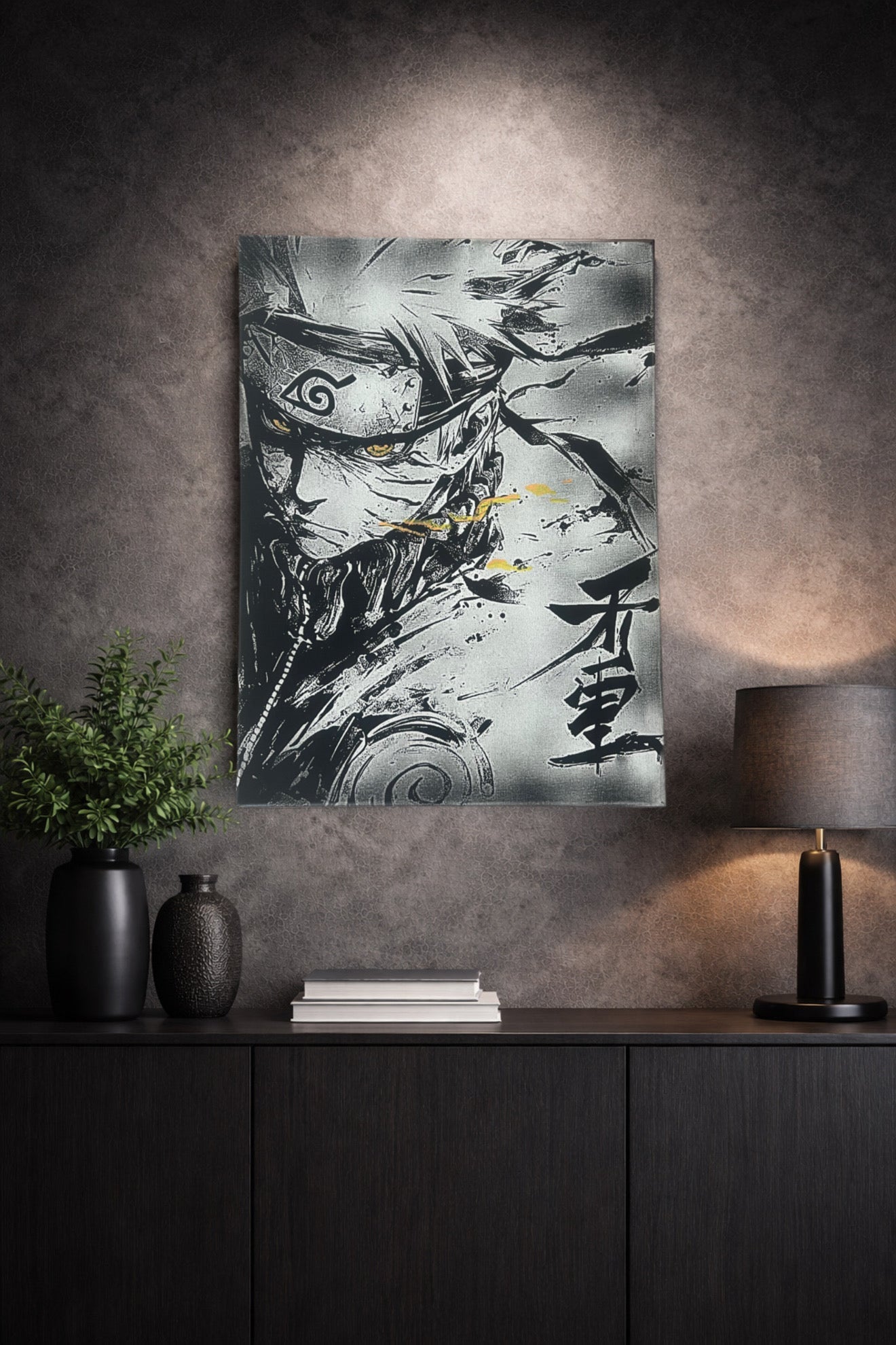 Tableau guerrier ninja masqué en pleine intensité – style épique noir et blanc – décoration murale 30x40 cm - DesignRomArt