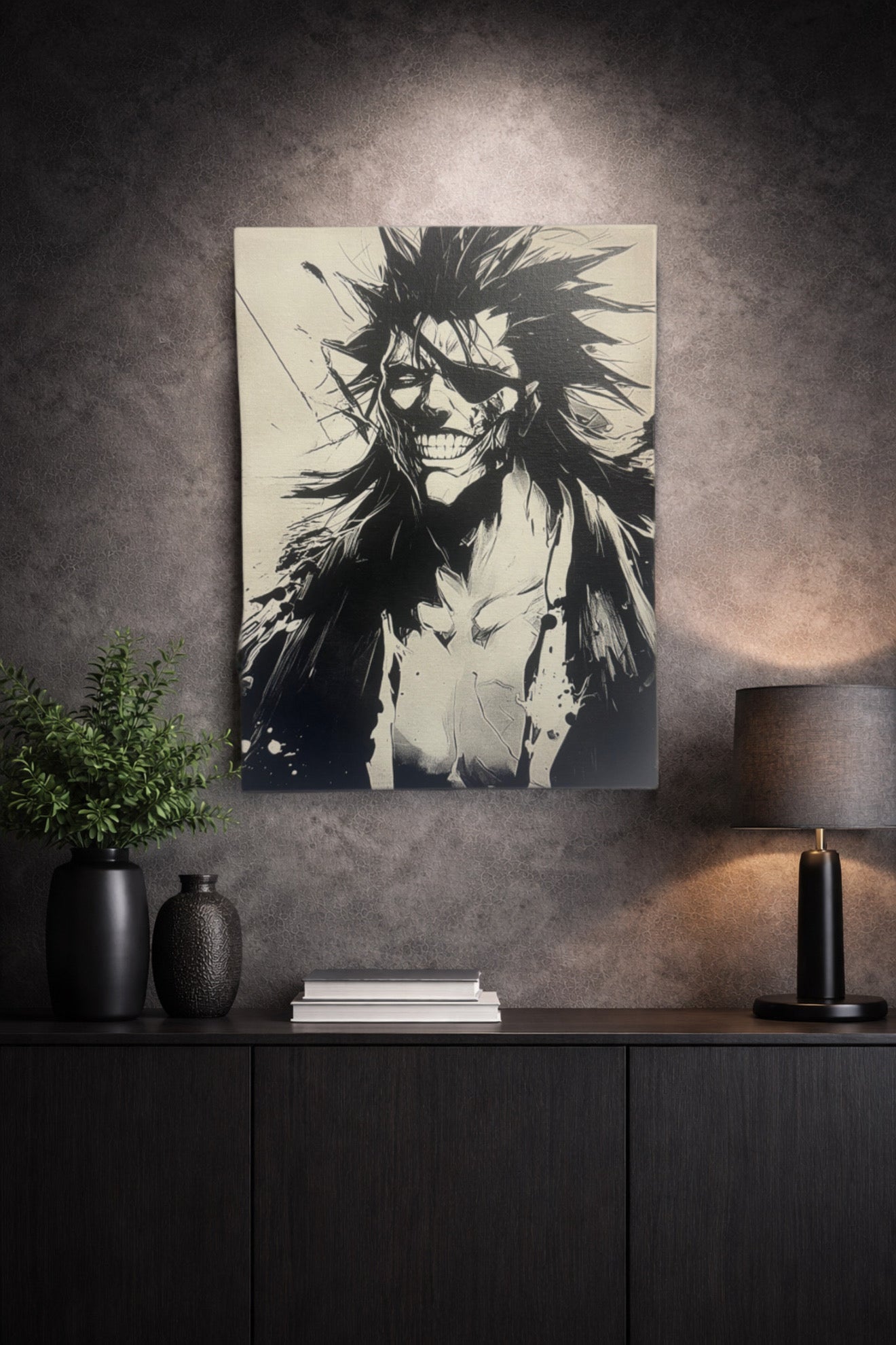 Tableau guerrier sauvage au sourire démoniaque noir et blanc – décoration murale moderne 30x40 cm - DesignRomArt