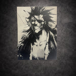 Tableau noir et blanc montrant un guerrier en transformation sauvage