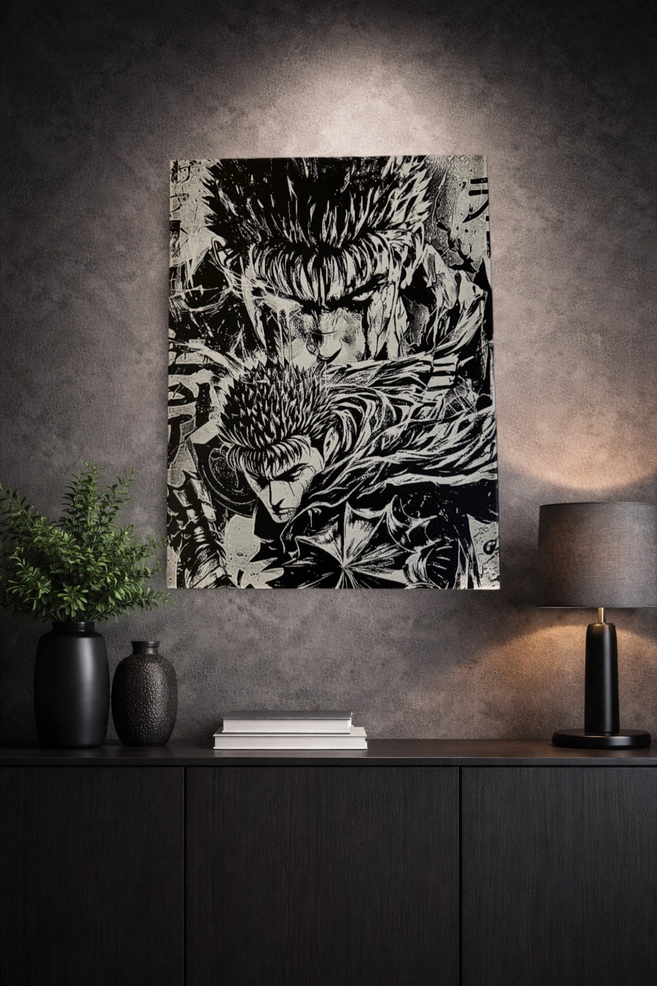 Tableau guerrier sombre au regard déterminé dans la tempête du combat – univers épique noir et blanc – décoration murale 30x40 cm - DesignRomArt