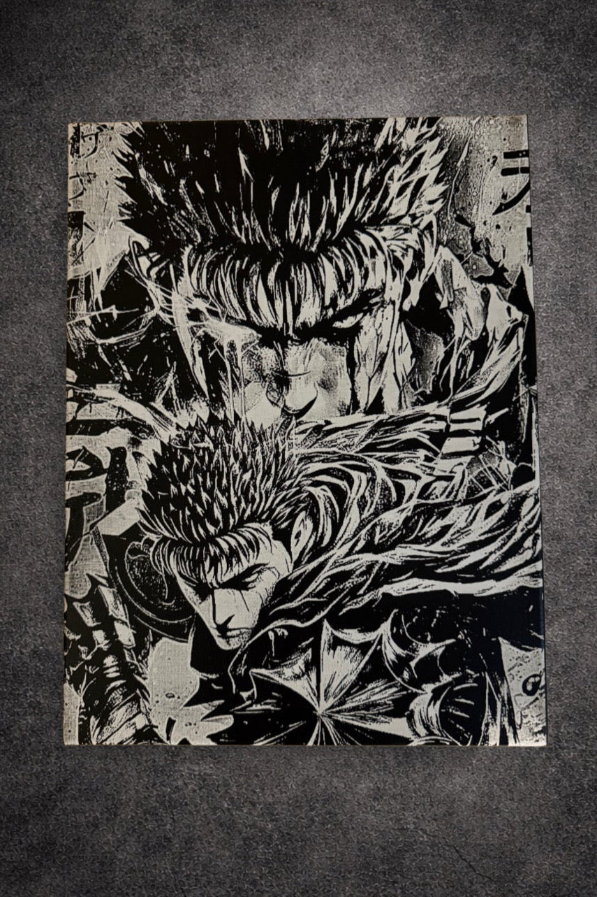 Tableau guerrier sombre au regard déterminé dans la tempête du combat – univers épique noir et blanc – décoration murale 30x40 cm - DesignRomArt