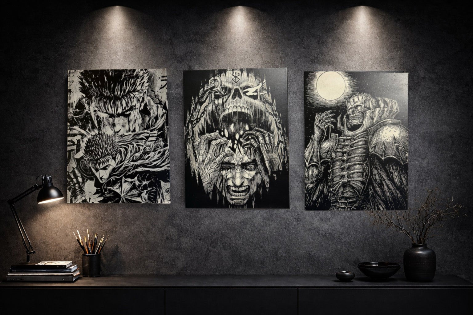Tableau guerrier sombre au regard déterminé dans la tempête du combat – univers épique noir et blanc – décoration murale 30x40 cm - DesignRomArt