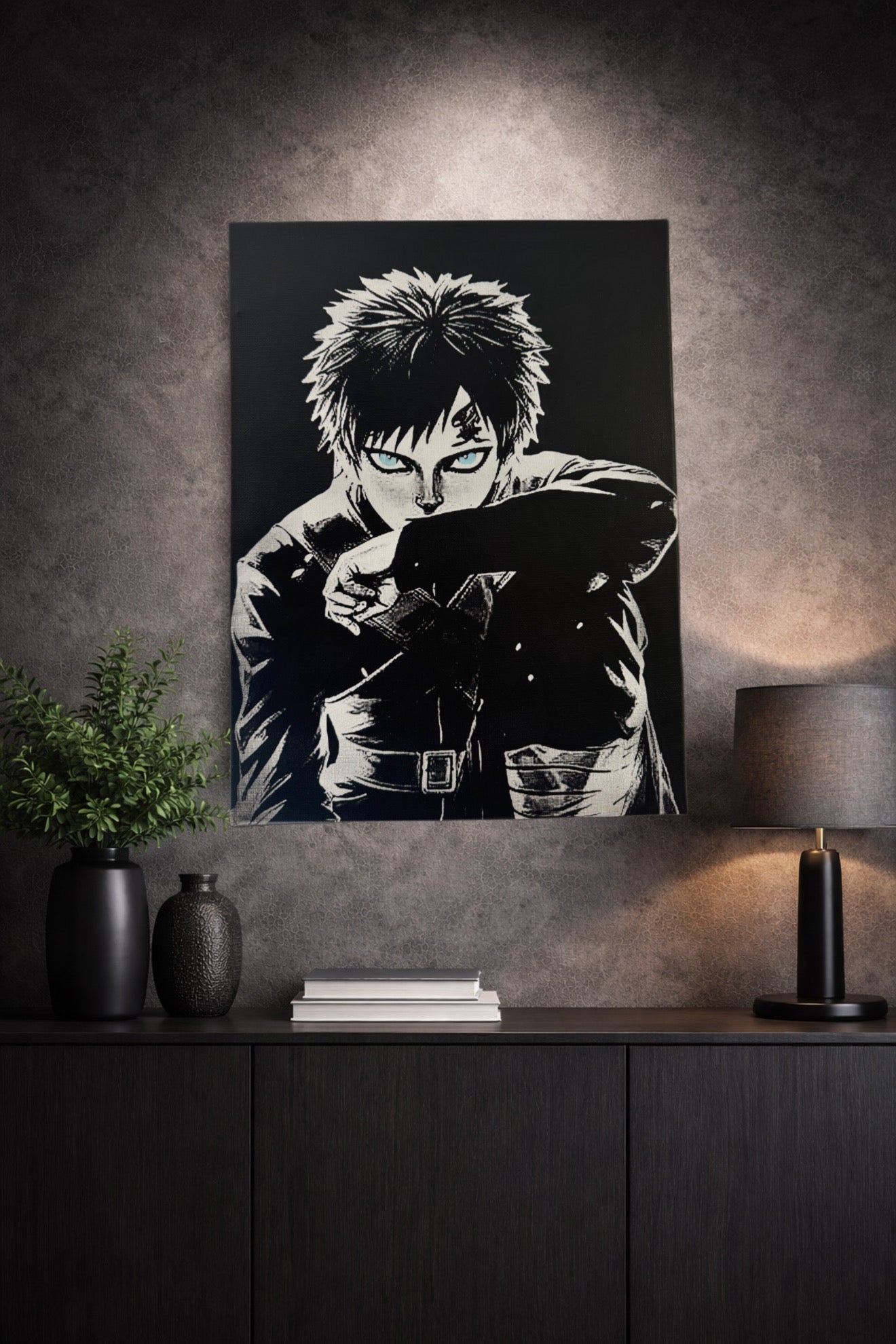 Tableau guerrier sombre au regard perçant noir et blanc – décoration murale 30x40 cm - DesignRomArt