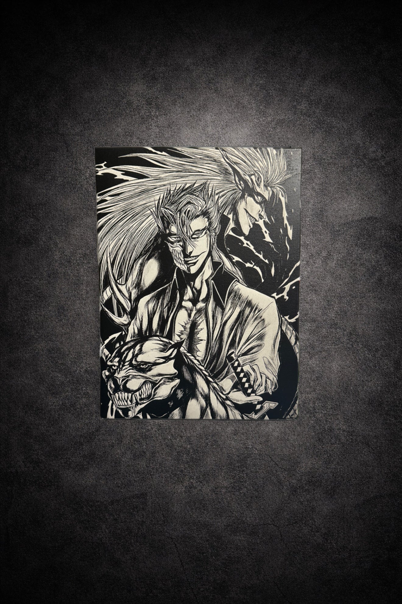 Tableau guerrier sombre et entité spirituelle en fusion noir et blanc – décoration murale épique 30x40 cm - DesignRomArt