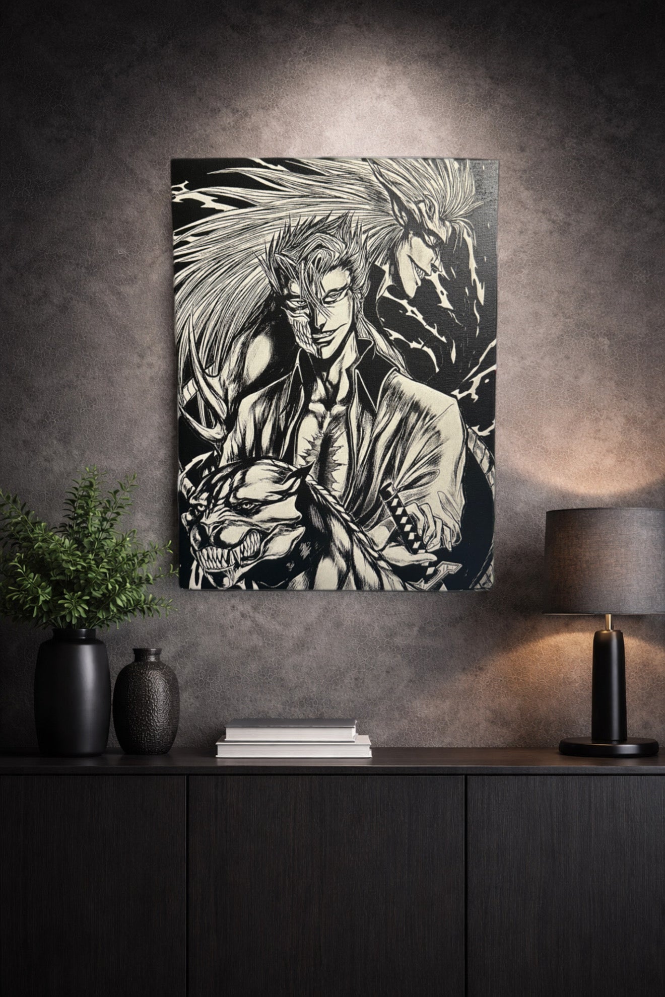 Tableau guerrier sombre et entité spirituelle en fusion noir et blanc – décoration murale épique 30x40 cm - DesignRomArt