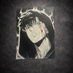 Tableau noir et blanc guerrier sombre au regard intense blessé