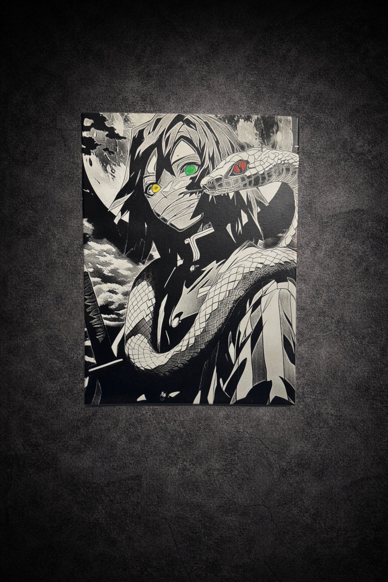 Tableau guerrier sombre serpent noir et blanc mural
