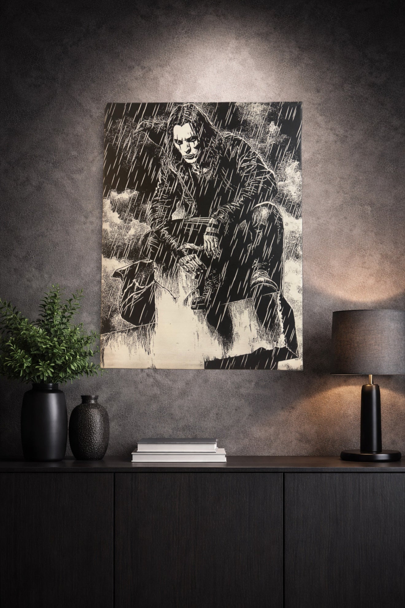 Tableau guerrier sombre sous la pluie noir et blanc – décoration murale 30x40 cm - DesignRomArt