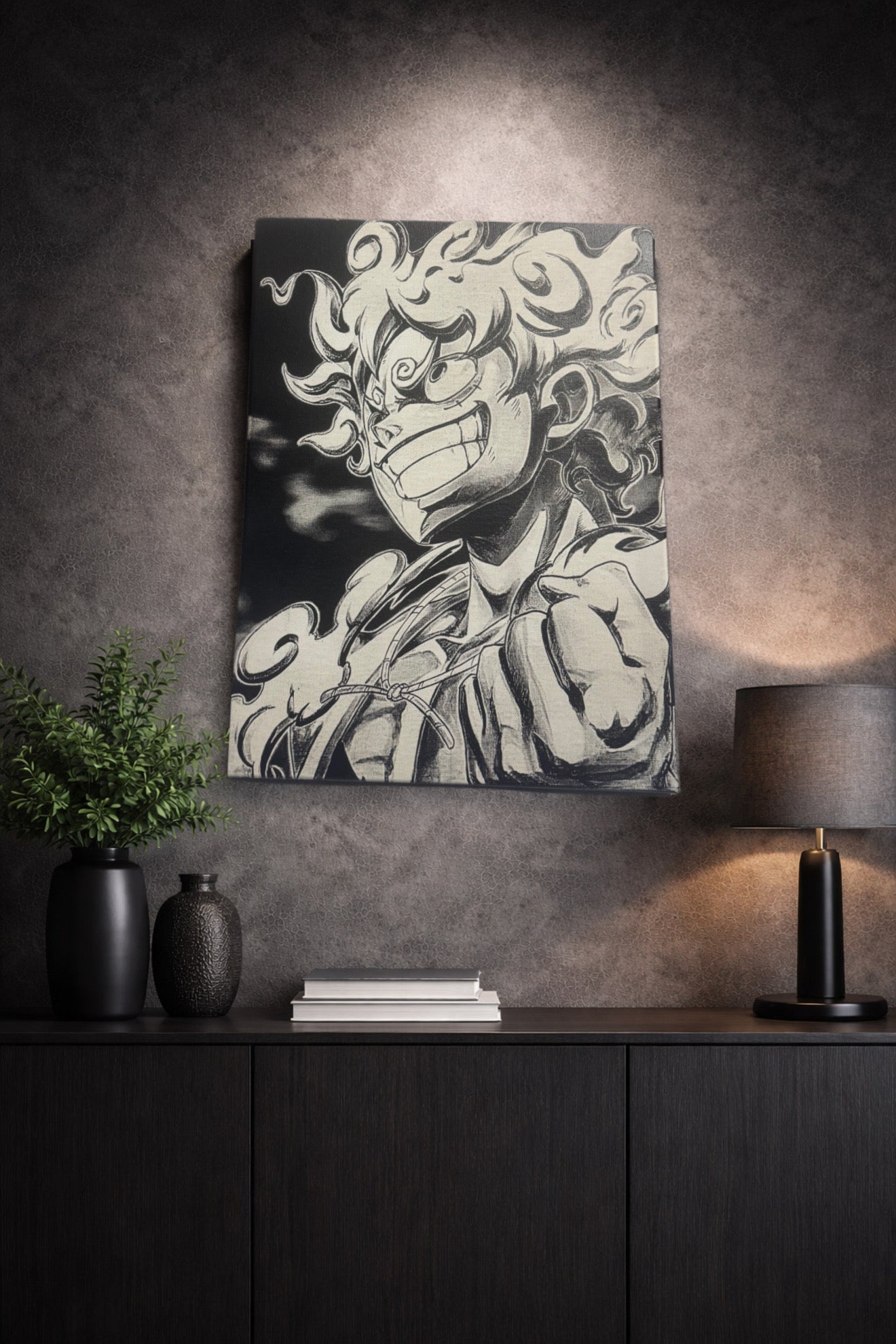 Tableau guerrier sourire intense aura énergie style manga décoration murale noir et blanc 30x40 cm - DesignRomArt
