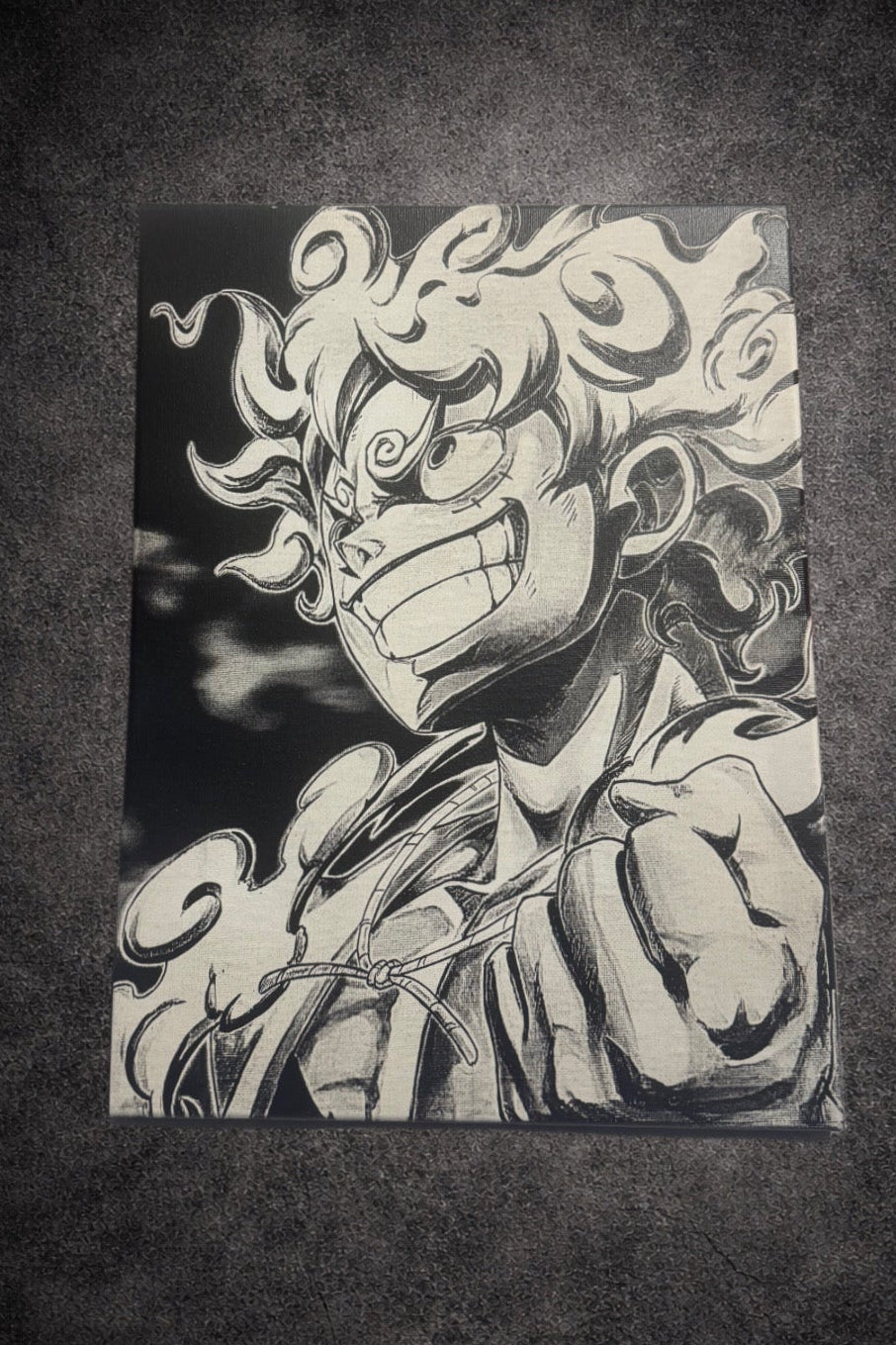 Tableau guerrier sourire intense aura énergie style manga décoration murale noir et blanc 30x40 cm - DesignRomArt