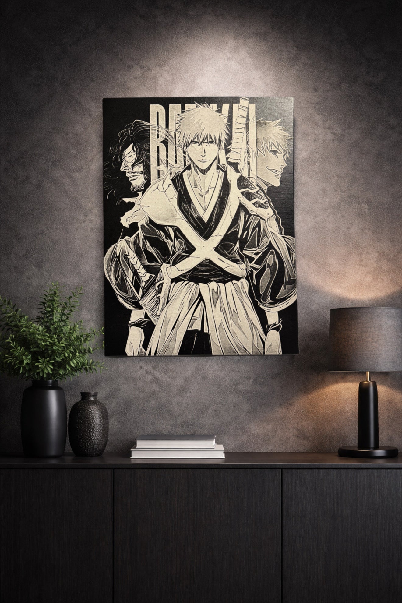 Tableau guerrier spirituel au sabre et silhouettes du passé noir et blanc – décoration murale moderne 30x40 cm - DesignRomArt