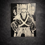 Tableau noir et blanc montrant un guerrier spirituel tenant son sabre