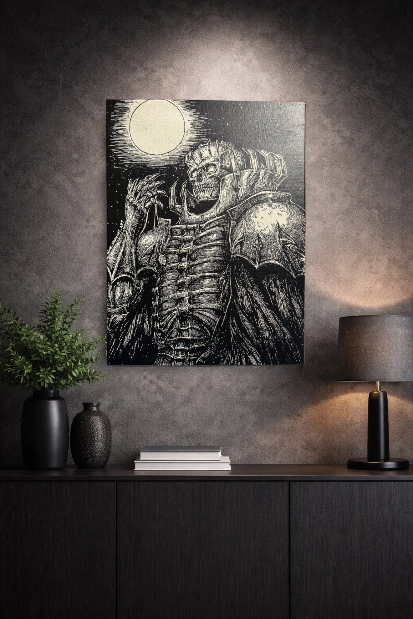Tableau guerrier squelettique géant sous pleine lune – univers épique sombre noir et blanc – décoration murale 30x40 cm - DesignRomArt
