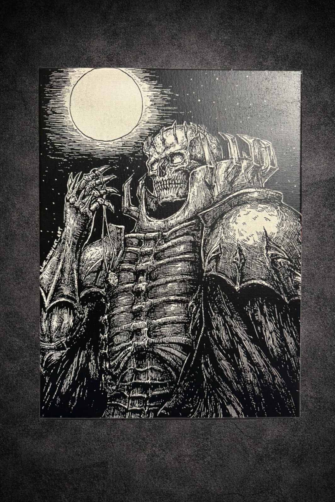 Tableau guerrier squelettique géant sous pleine lune – univers épique sombre noir et blanc – décoration murale 30x40 cm - DesignRomArt