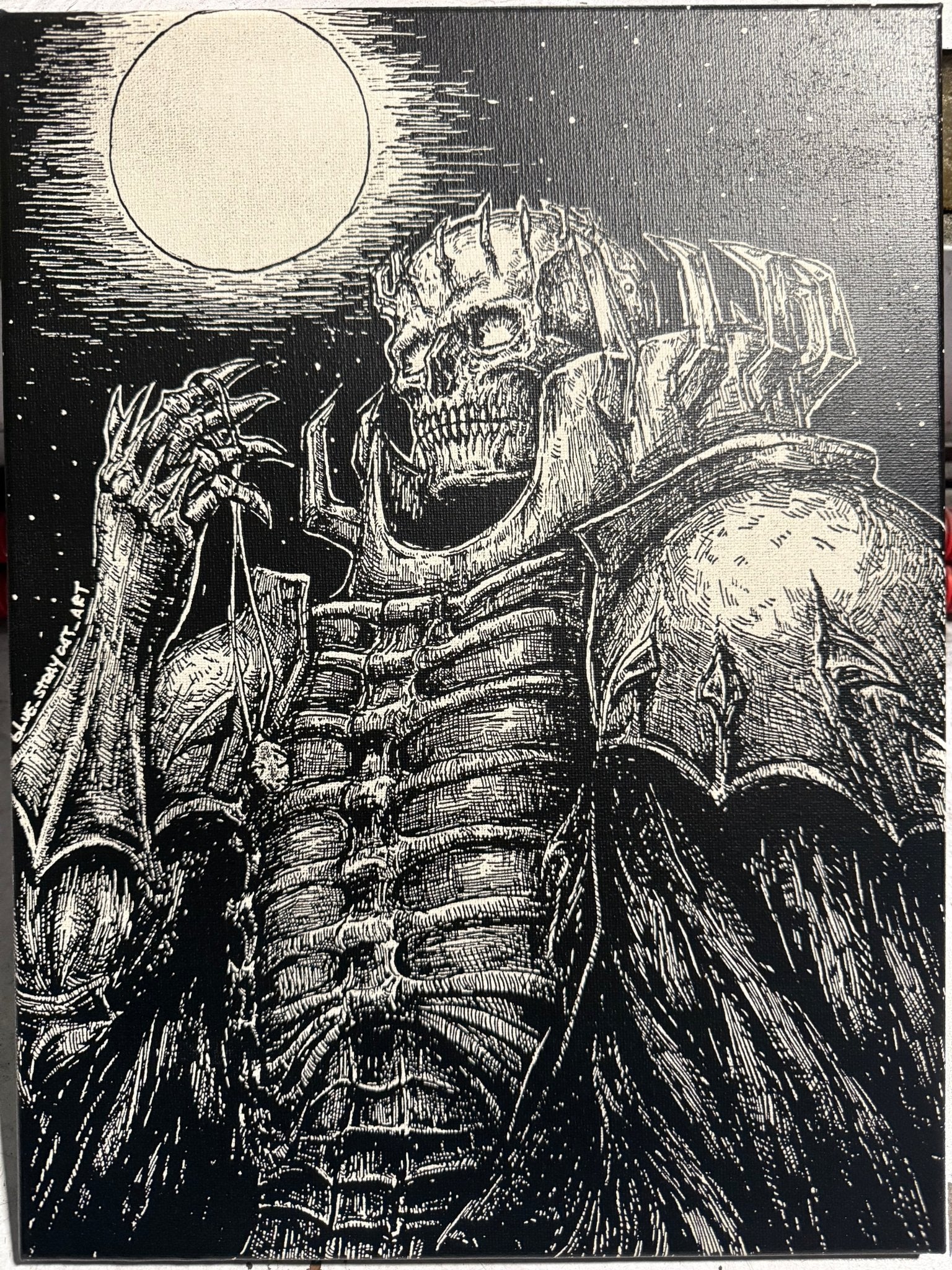 Tableau guerrier squelettique géant sous pleine lune – univers épique sombre noir et blanc – décoration murale 30x40 cm - DesignRomArt