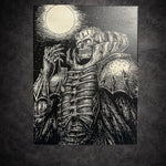 Tableau mural noir et blanc guerrier squelettique géant sous pleine lune