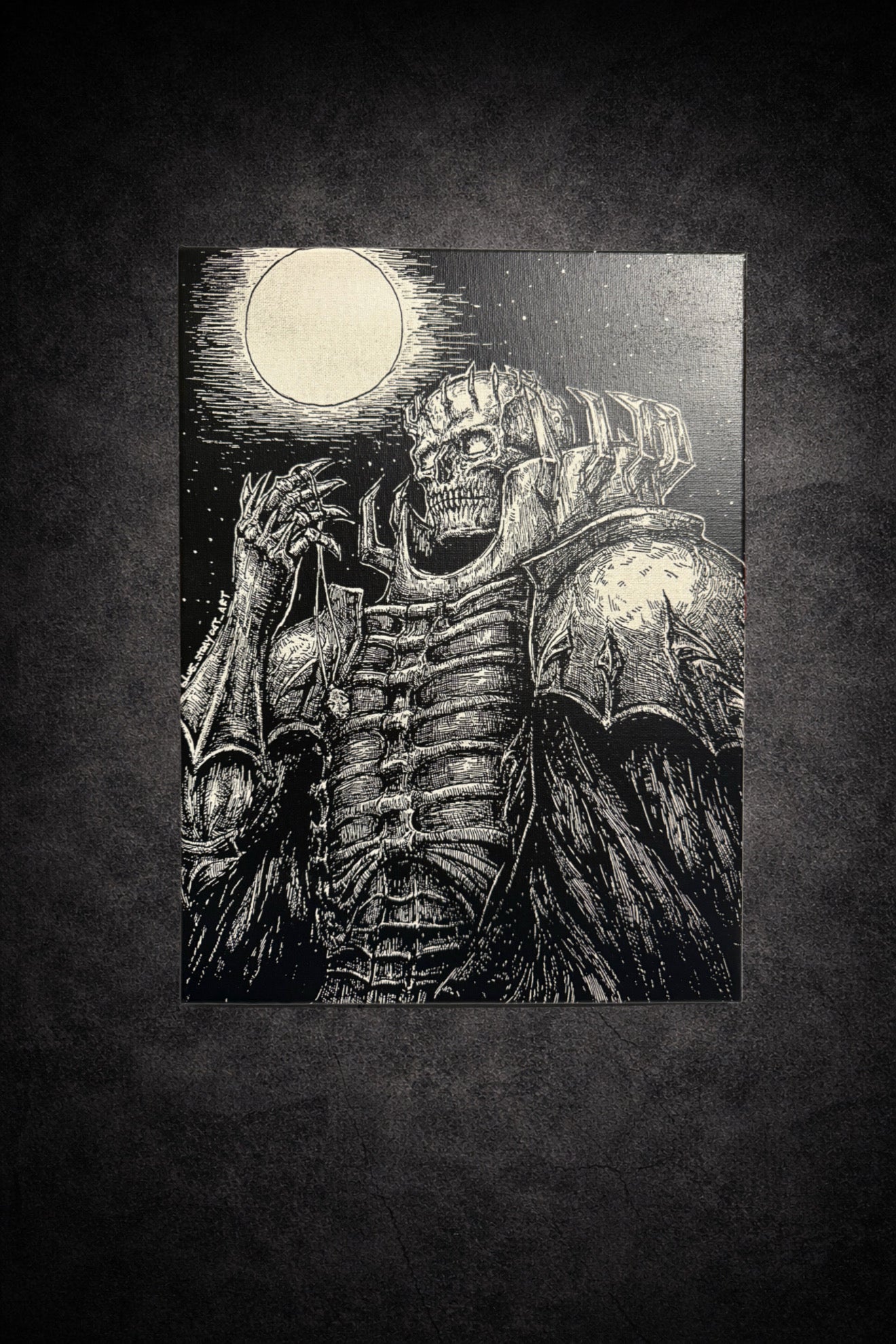 Tableau mural noir et blanc guerrier squelettique géant sous pleine lune