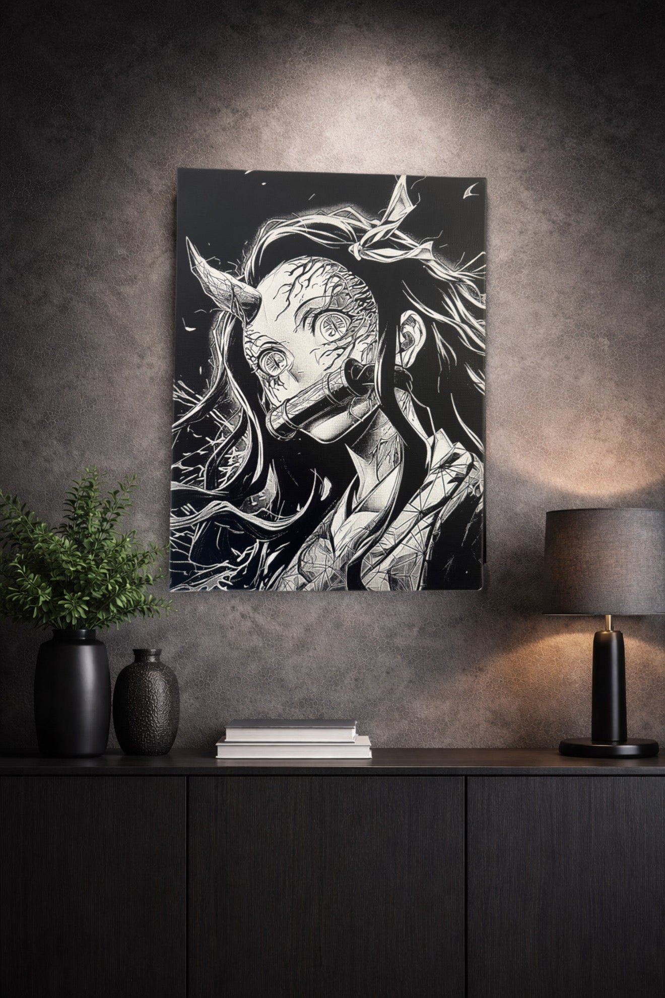 Tableau guerrière démoniaque regard surnaturel transformation sombre fantasy noir et blanc décoration murale 30x40 cm - DesignRomArt