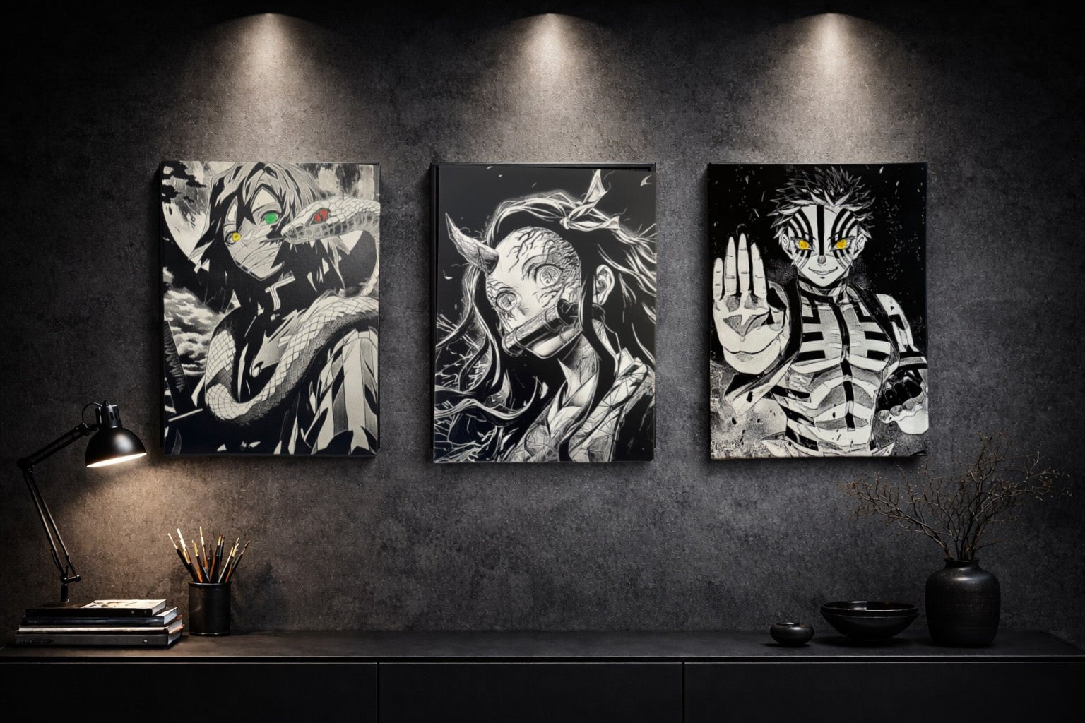 Tableau guerrière démoniaque regard surnaturel transformation sombre fantasy noir et blanc décoration murale 30x40 cm - DesignRomArt