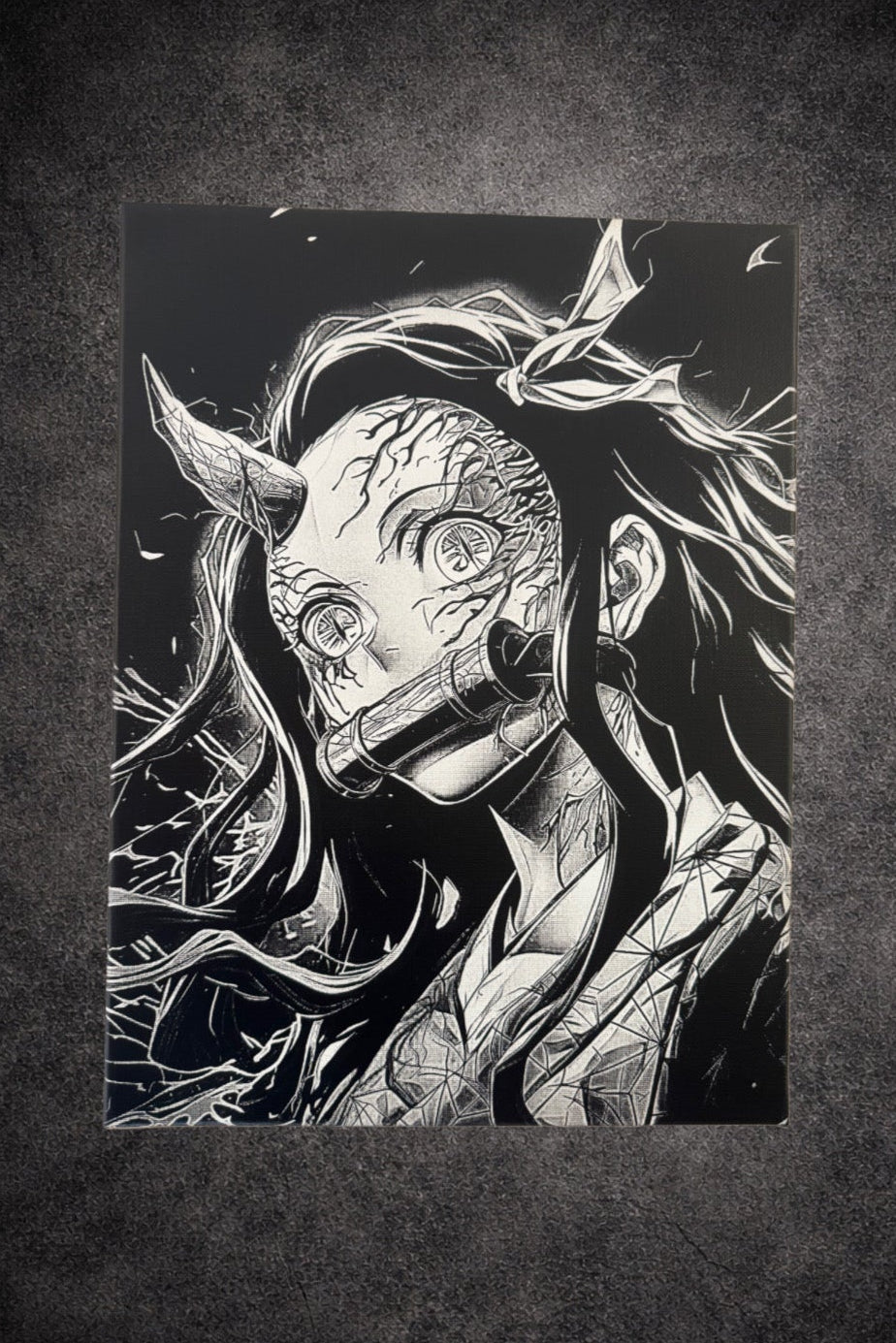 Tableau guerrière démoniaque regard surnaturel transformation sombre fantasy noir et blanc décoration murale 30x40 cm - DesignRomArt