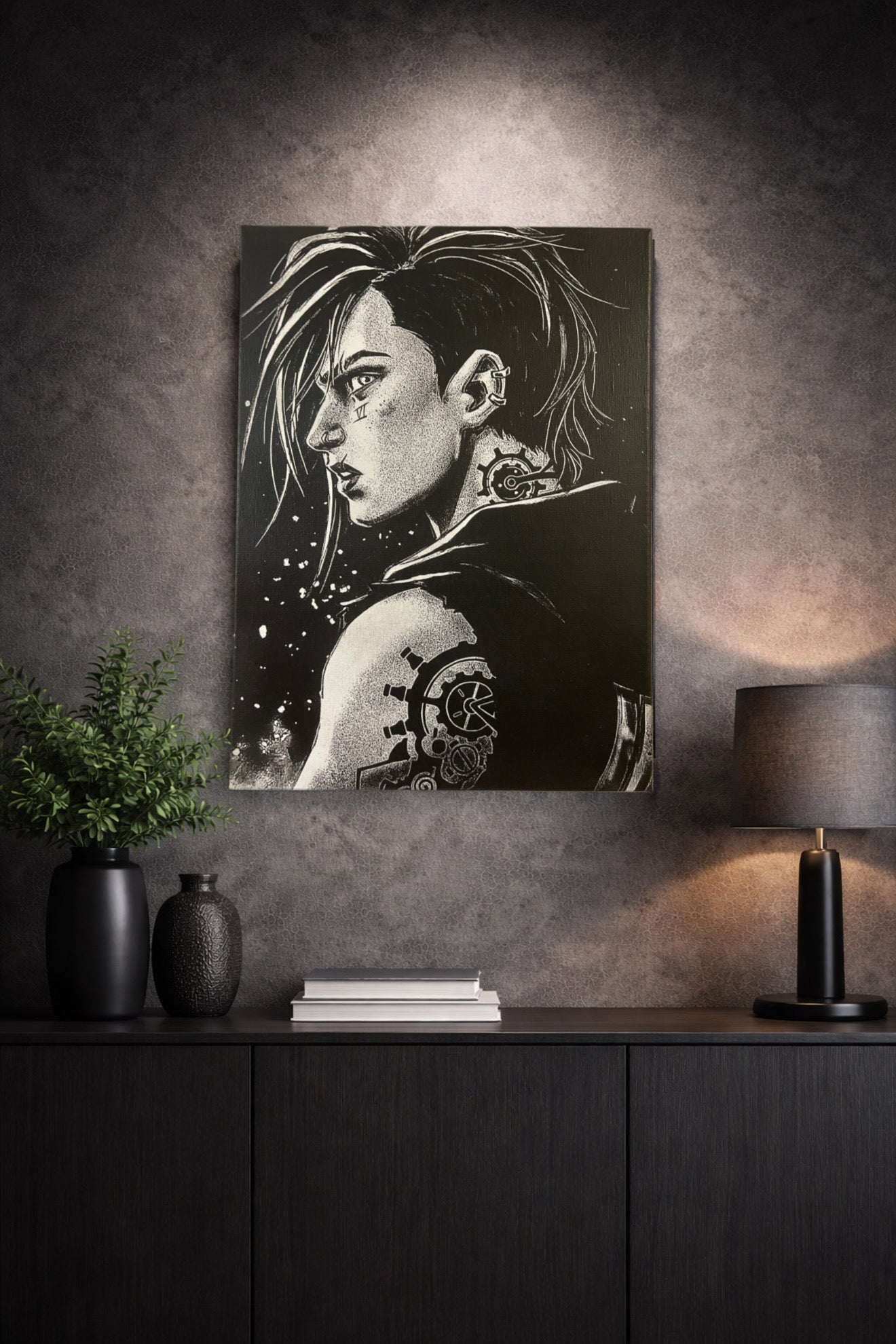 Tableau guerrière futuriste augmentée au regard intense style cyberpunk noir et blanc décoration murale 30x40 cm - DesignRomArt