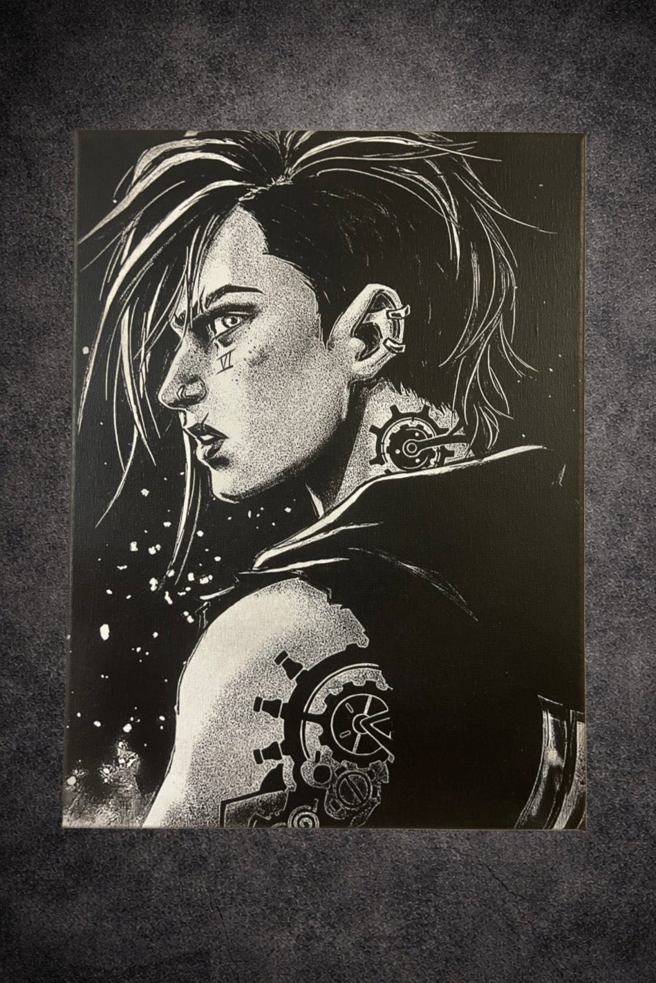 Tableau guerrière futuriste augmentée au regard intense style cyberpunk noir et blanc décoration murale 30x40 cm - DesignRomArt