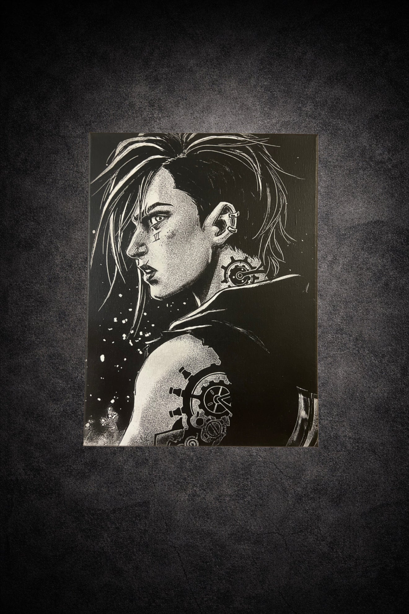 Tableau guerrière futuriste augmentée style cyberpunk noir et blanc