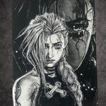 Tableau guerrière sombre au regard déterminé ambiance dystopique noir et blanc décoration murale 30x40 cm - DesignRomArt