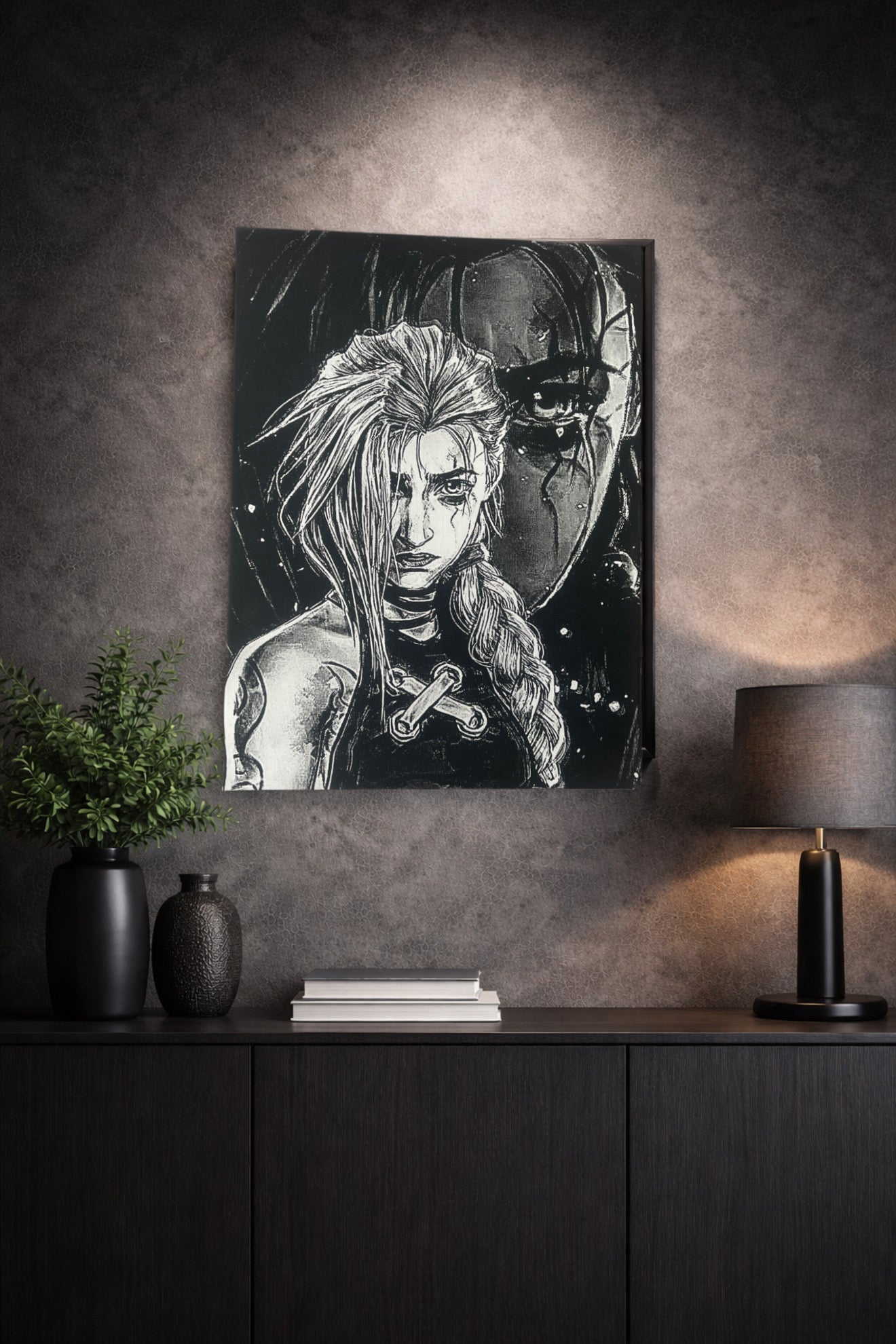 Tableau guerrière sombre au regard déterminé ambiance dystopique noir et blanc décoration murale 30x40 cm - DesignRomArt