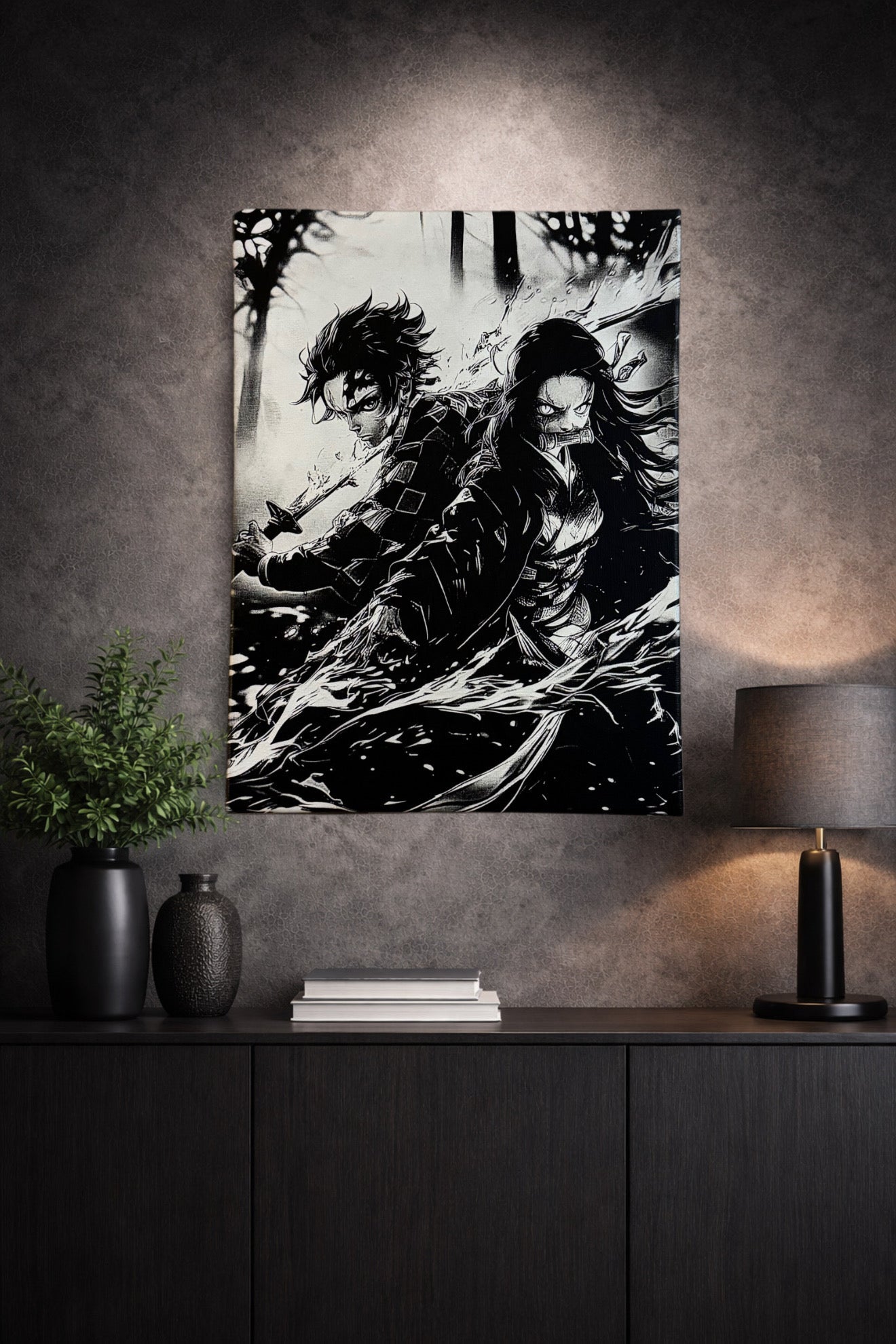 Tableau guerriers en duel contre forces obscures noir et blanc – décoration murale épique 30x40 cm - DesignRomArt