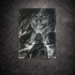 Tableau noir et blanc héroïne face à créature géante épique